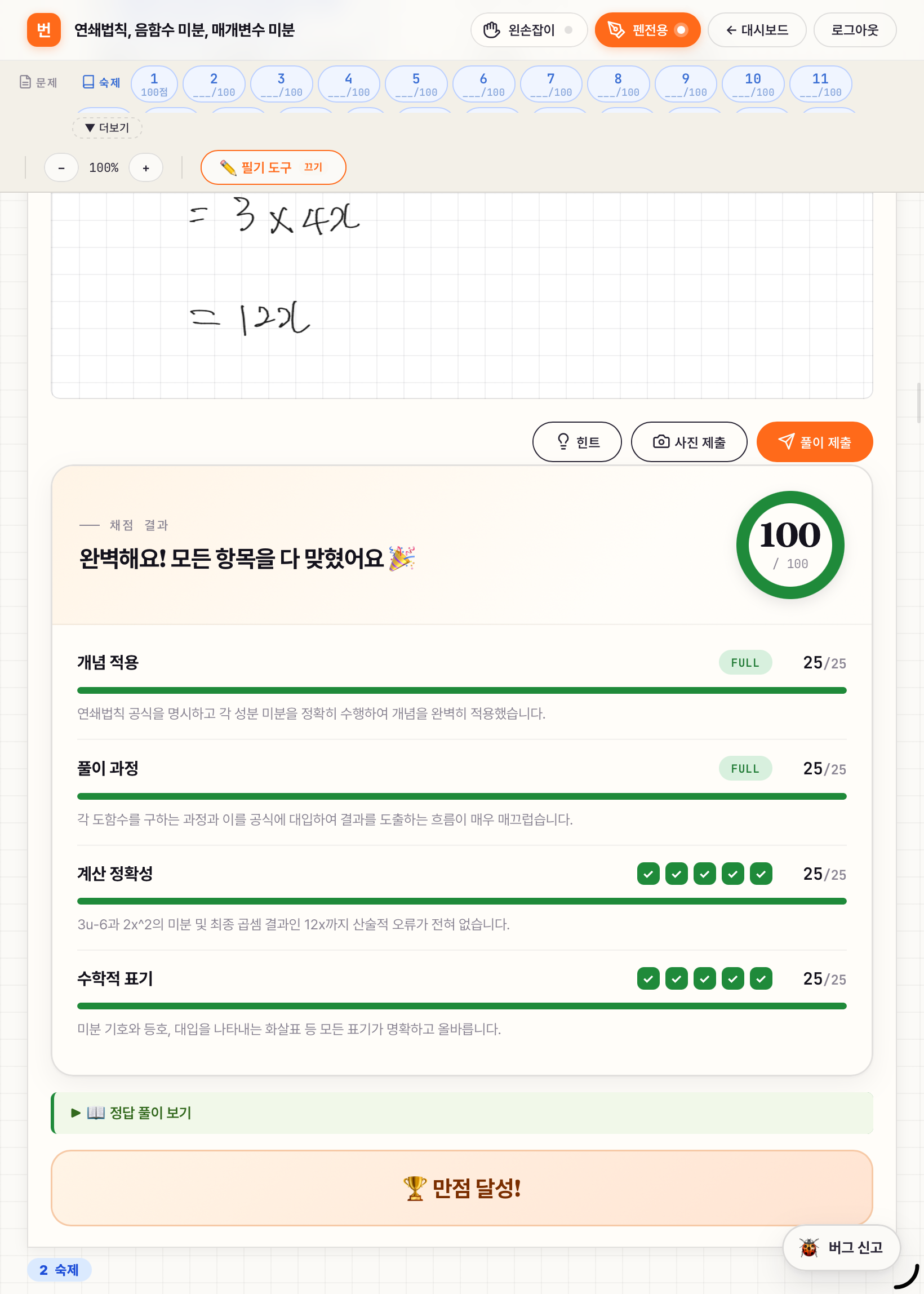 최종 채점 화면 — 개념·과정·정확성·표기 항목별 점수와 최종 100점